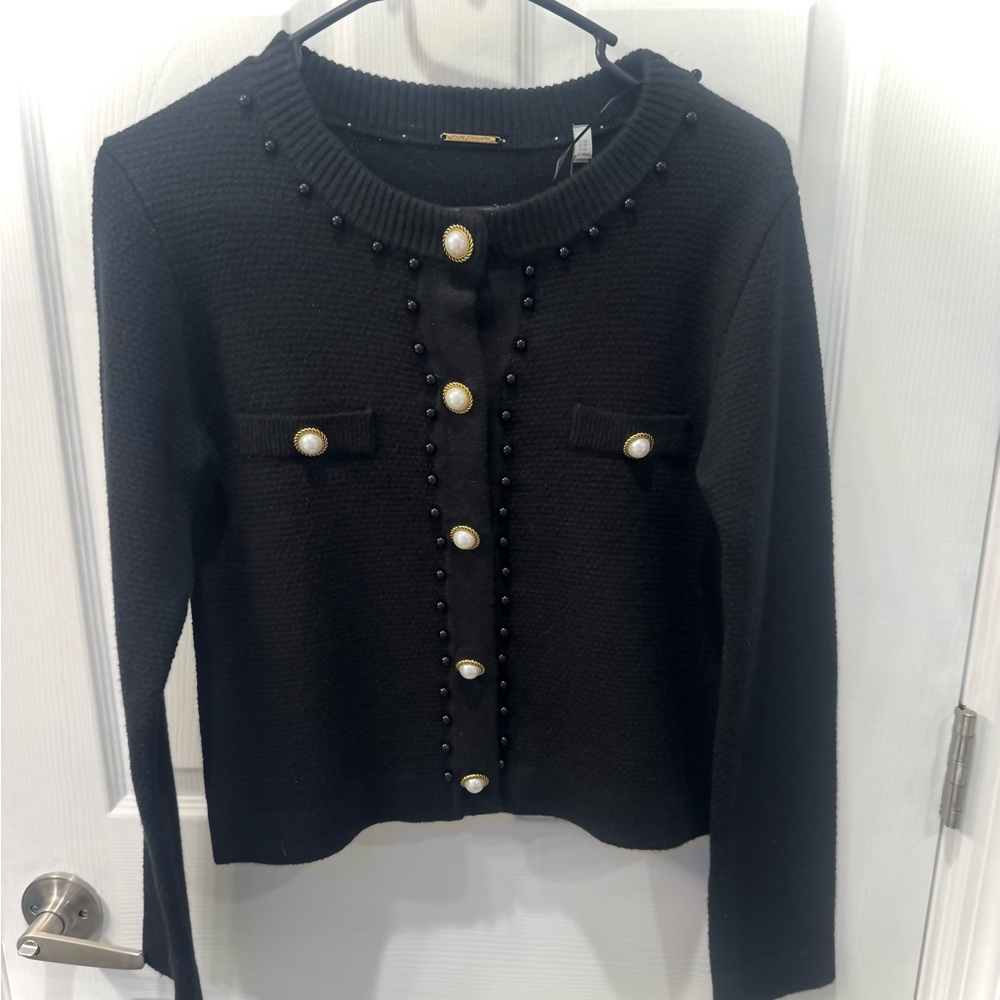 Elie Tahari Black Cardigan with Pearl Accents
